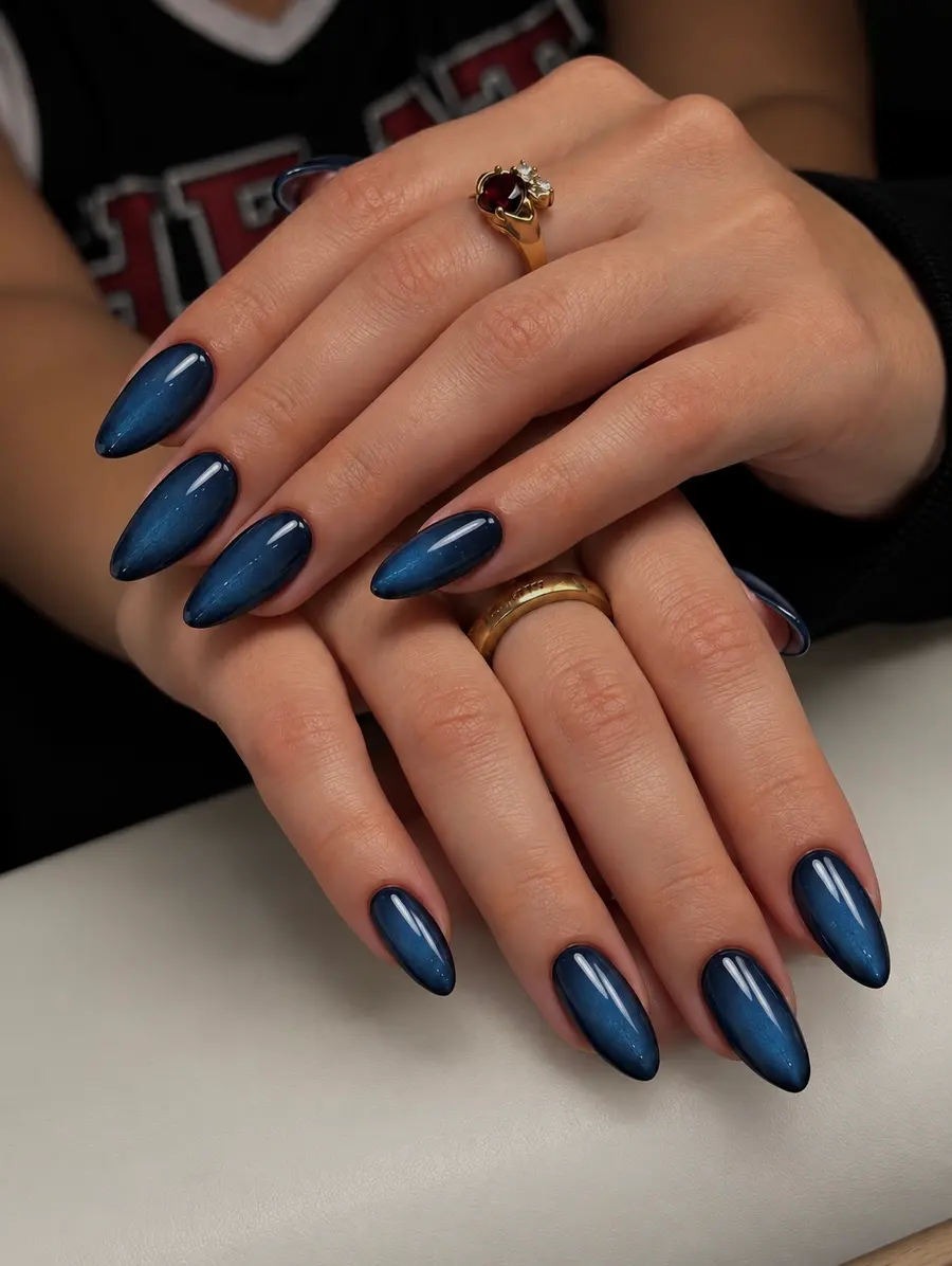 Uñas cat eye azul marino